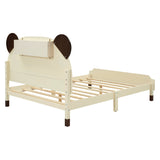 English Elm Full Size Wood Platform Bed With Bear-Shaped Headboard,Bed With Motion Activated Night Lights,Cream+Walnut