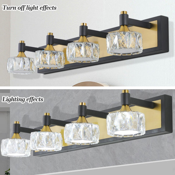 English Elm 28" Modern Crystal LED Vanity Light Black & Gold Finish — 4-Light Elegant Bathroom Wall Sconce, Rust-Resistant Luxury W1340110605