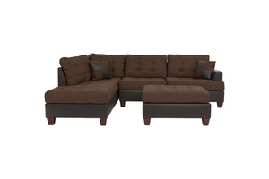 English Elm Sectional 3-Piece Reversible Chaise Sofa Set with Tufted Linen-Look Seating & Ottoman, Chocolate Finish 104" HS00F6857-ID-AHD