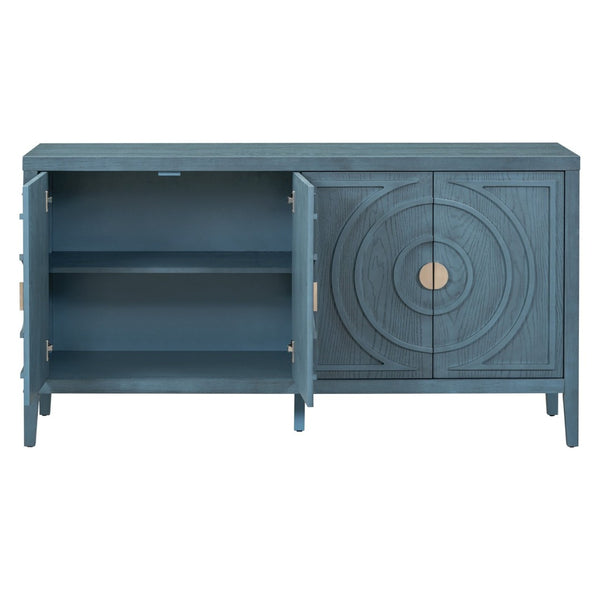 English Elm Trexm Vintage Four Door Sideboard Rubberwood Carved Panels Round Handles Dining Storage Antique Blue WF307723AAM