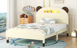 English Elm Twin Size Wood Platform Bed With Bear-Shaped Headboard,Bed With Motion Activated Night Lights,Cream+Walnut