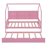 English Elm Wooden Twin Size House Bed With Trundle,Kids Bed With Shelf,Pink