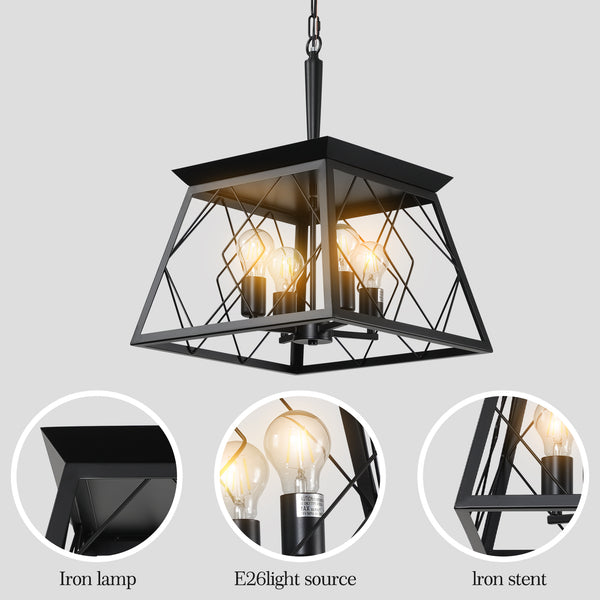 English Elm (Same As W1340111203/L1009) 16" Black Industrial Pendant Chandelier, 4-Light Metal Cage Design, Adjustable Style W1340P206636