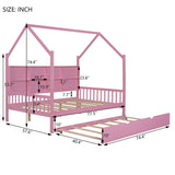 English Elm Wooden Full Size House Bed With Trundle,Kids Bed With Shelf,Pink