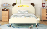 English Elm Twin Size Wood Platform Bed With Bear-Shaped Headboard,Bed With Motion Activated Night Lights,Cream+Walnut