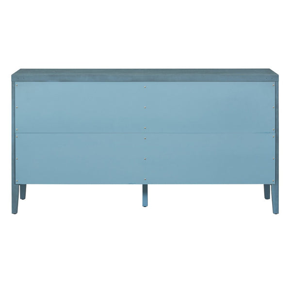English Elm Trexm Vintage Four Door Sideboard Rubberwood Carved Panels Round Handles Dining Storage Antique Blue WF307723AAM