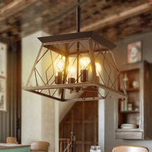 English Elm Farmhouse 4-Light Vintage Chandelier - Retro Iron Trapezoid Pendant, Adjustable Chain, E26 Bulbs W1340111204