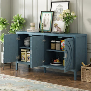 English Elm Trexm Vintage Four Door Sideboard Rubberwood Carved Panels Round Handles Dining Storage Antique Blue WF307723AAM