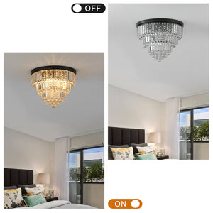 English Elm 20" Luxury Crystal Flush Mount Ceiling Light Black Finish, 6-Light K9 Chandelier for Elegant Rooms W1340110371