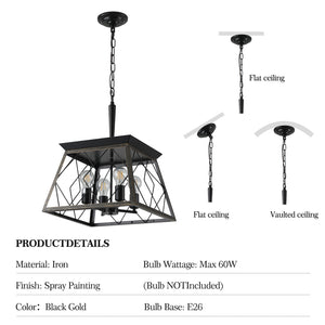 English Elm (Same W1340111204/L1010) 16" Black Gold Industrial 4-Light Pendant Chandelier - Retro Metal Cage, Adjustable Chain, E26 Compatible W1340P206637