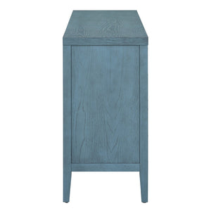 English Elm Trexm Vintage Four Door Sideboard Rubberwood Carved Panels Round Handles Dining Storage Antique Blue WF307723AAM