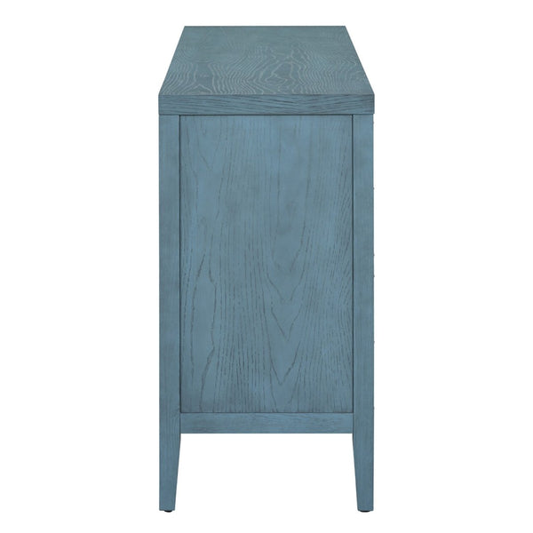 English Elm Trexm Vintage Four Door Sideboard Rubberwood Carved Panels Round Handles Dining Storage Antique Blue WF307723AAM