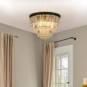 English Elm 20" Luxury Crystal Flush Mount Ceiling Light Black Finish, 6-Light K9 Chandelier for Elegant Rooms W1340110371