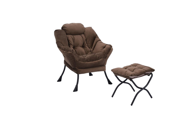 English Elm Living Room Cotton Lounge Chair with Ottoman Steel Frame Ergonomic Accent Seat Brown W1899121343