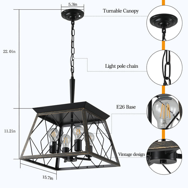 English Elm (Same W1340111204/L1010) 16" Black Gold Industrial 4-Light Pendant Chandelier - Retro Metal Cage, Adjustable Chain, E26 Compatible W1340P206637