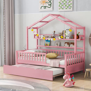 Hearth and Haven Wooden Twin Size House Bed with Trundle, Kids Bed with Shelf WF301682AAH