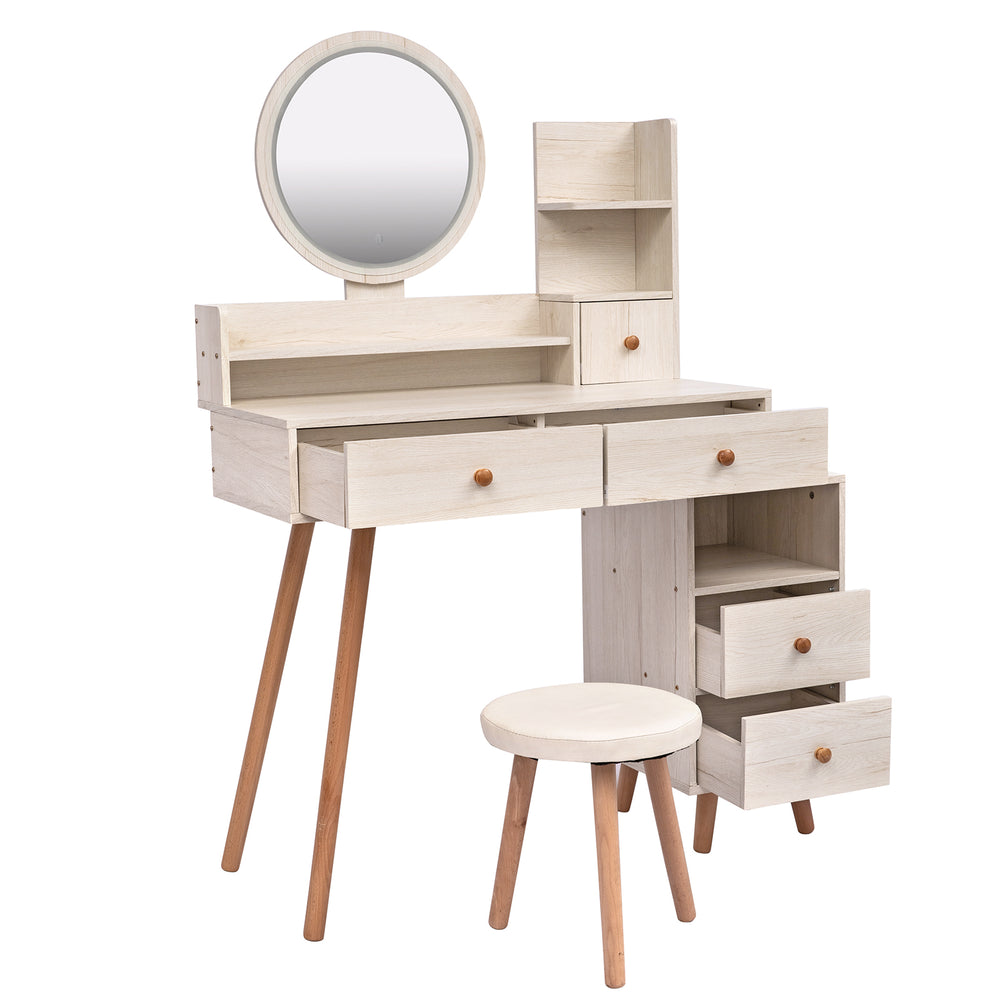 English Elm CRAZY Elegant Vanity Table Set with Cushioned Stool, Touch LED Mirror, 5 Drawers & Spacious Storage, Adjustable Length W936110479