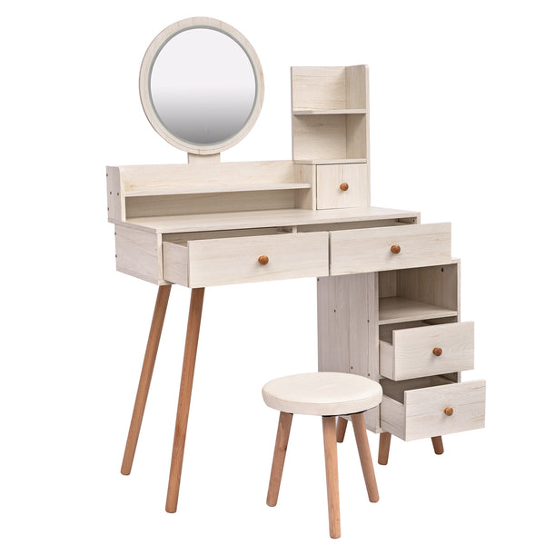 English Elm CRAZY Elegant Vanity Table Set with Cushioned Stool, Touch LED Mirror, 5 Drawers & Spacious Storage, Adjustable Length W936110479