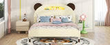 English Elm Full Size Wood Platform Bed With Bear-Shaped Headboard,Bed With Motion Activated Night Lights,Cream+Walnut