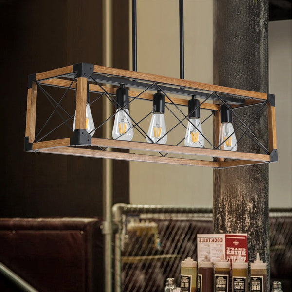 English Elm (same as W1340111207) Walnut Iron Five-light Rectangle Chandelier for Kitchen or Dining W1340P206643