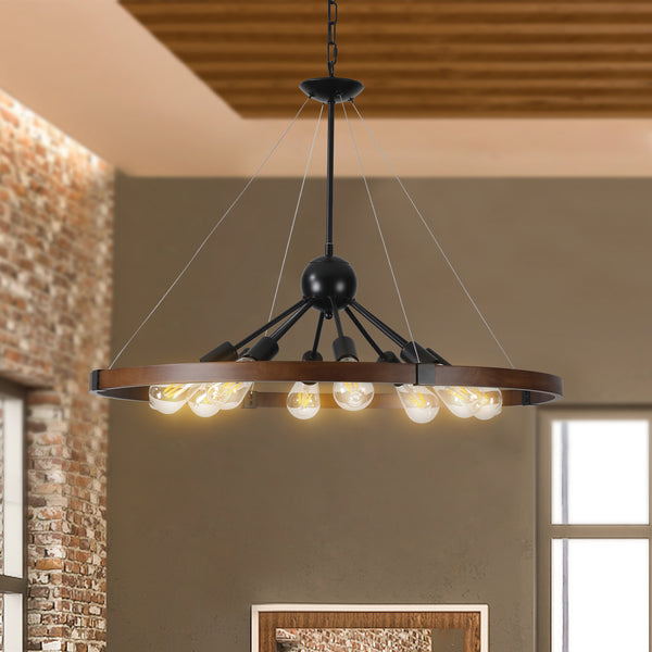 English Elm (New 8-Light Retro Farmhouse Chandelier - 31.5" Rustic Industrial Circular Pendant, Adjustable Chain, E26 Bulb Base W1340111208