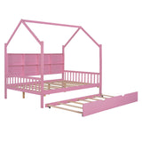 English Elm Wooden Full Size House Bed With Trundle,Kids Bed With Shelf,Pink