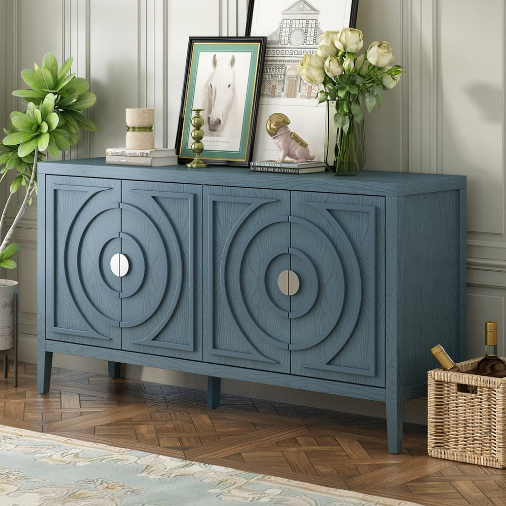 English Elm Trexm Vintage Four Door Sideboard Rubberwood Carved Panels Round Handles Dining Storage Antique Blue WF307723AAM