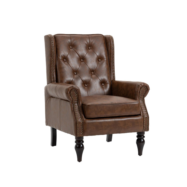 English Elm Wood Solid Frame Armchair with Padded Foam Seat and Curved Arms, Sturdy Wooden Legs for Living Room Brown PU W395109980