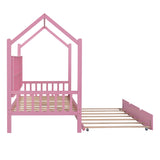 English Elm Wooden Twin Size House Bed With Trundle,Kids Bed With Shelf,Pink