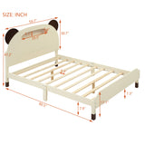 English Elm Full Size Wood Platform Bed With Bear-Shaped Headboard,Bed With Motion Activated Night Lights,Cream+Walnut