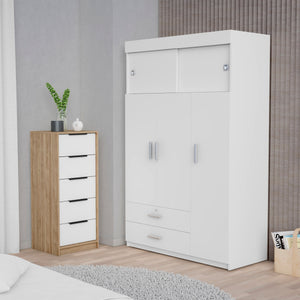 English Elm Cozad Two-Piece Bedroom Set with Armoire & Dresser in White & Light Oak — Sliding Doors, 7 Drawers, Slim Profile B062S00258