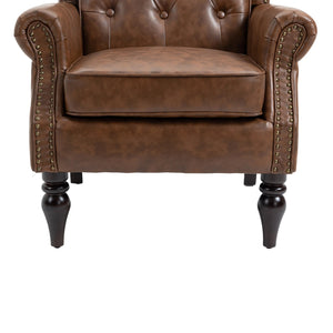 English Elm Wood Solid Frame Armchair Modern Accent Lounge Chair with Padded Foam Seat and Sturdy Rubberwood Legs Brown PU W395109980