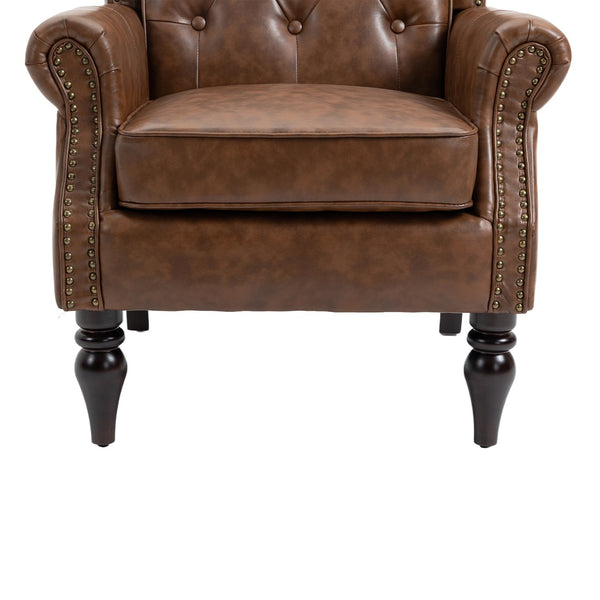 English Elm Wood Solid Frame Armchair Modern Accent Lounge Chair with Padded Foam Seat and Sturdy Rubberwood Legs Brown PU W395109980