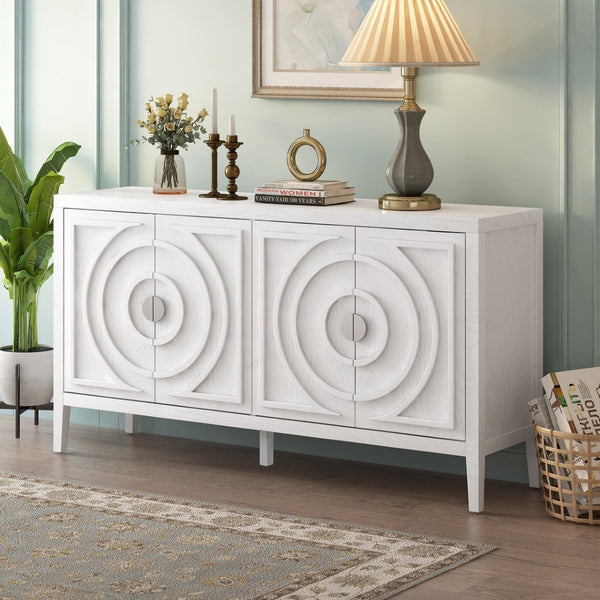 English Elm Trexm Vintage Four Door Sideboard Rubberwood Carved Panels Round Handles Dining Storage White WF307723AAK