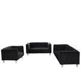 English Elm Modern 3-Piece Sofa Set With Solid Wood Legs, Buttoned Tufted Backrest, Dutch Fleece Upholstered Sofa Set Including Three-Seater Sofa, Double Seat and Living Room Furniture Set Single Chair, Black