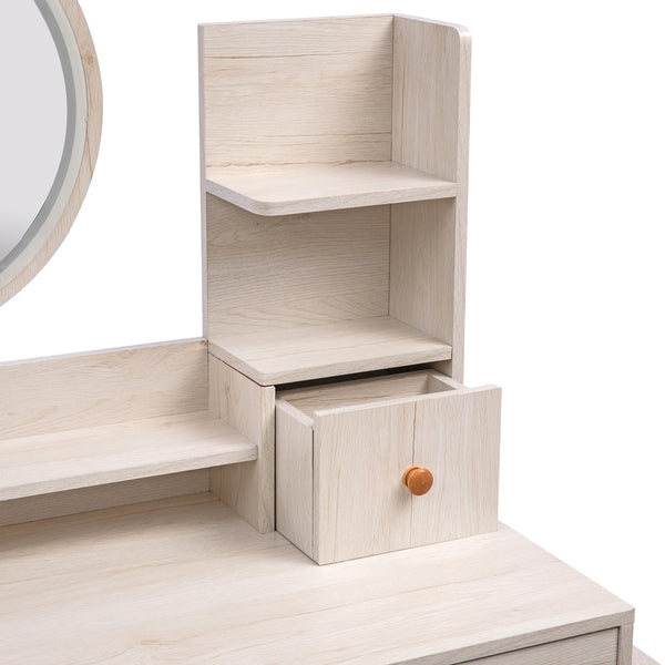 English Elm CRAZY Elegant Vanity Table Set with Cushioned Stool, Touch LED Mirror, 5 Drawers & Spacious Storage, Adjustable Length W936110479