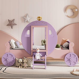 English Elm Twin Size Princess Carriage Bed With Crown,Wood Platform Car Bed With Stair,Purple+Pink