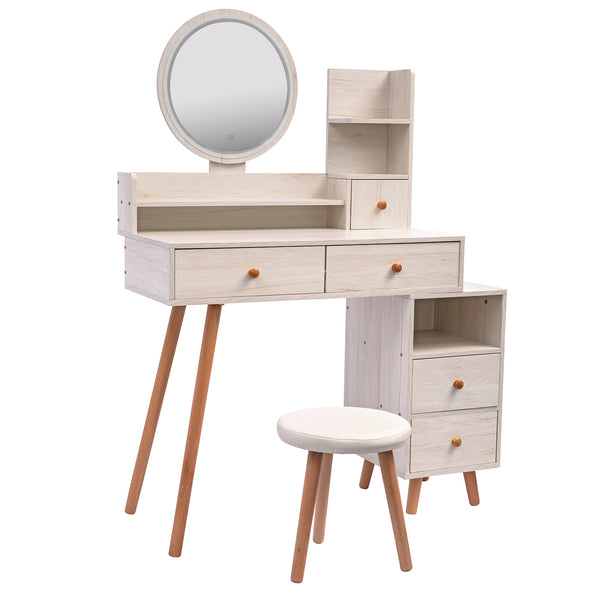English Elm CRAZY Elegant Vanity Table Set with Cushioned Stool, Touch LED Mirror, 5 Drawers & Spacious Storage, Adjustable Length W936110479