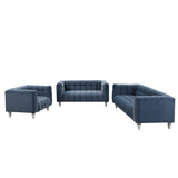 English Elm Modern 3-Piece Sofa Set With Solid Wood Legs, Buttoned Tufted Backrest, Dutch Fleece Upholstered Sofa Set Including Three-Seater Sofa, Double Seat and Living Room Furniture Set Single Chair, Blue