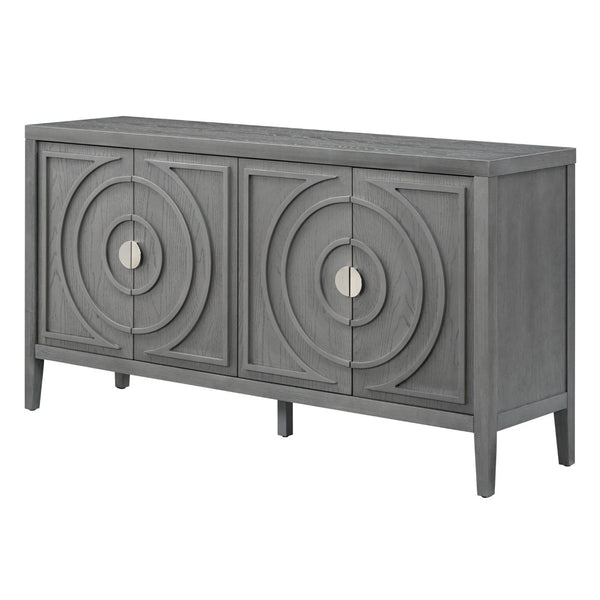 English Elm Trexm Vintage Four Door Sideboard Rubberwood Carved Panels Round Handles Dining Storage Gray WF307723AAE