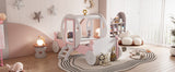 English Elm Twin Size Princess Carriage Bed With Crown ,Wood Platform Car Bed With Stair,White+Pink