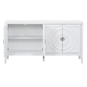 English Elm Trexm Vintage Four Door Sideboard Rubberwood Carved Panels Round Handles Dining Storage White WF307723AAK