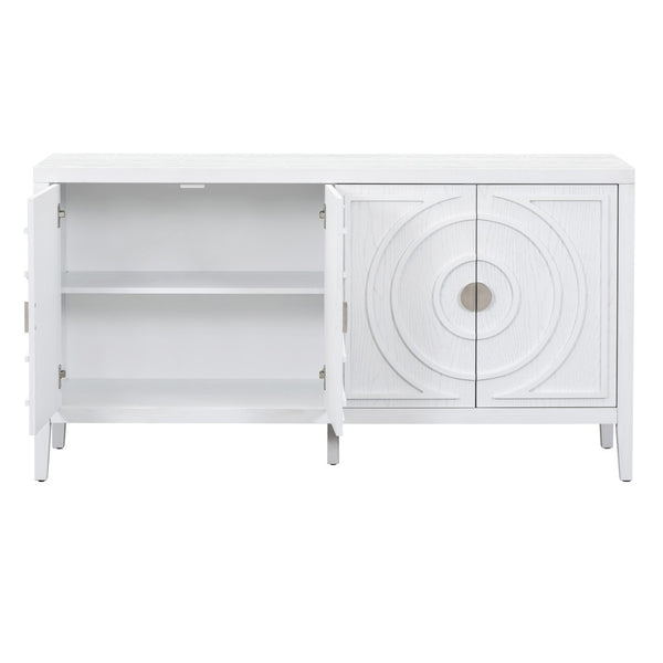English Elm Trexm Vintage Four Door Sideboard Rubberwood Carved Panels Round Handles Dining Storage White WF307723AAK