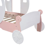 English Elm Twin Size Princess Carriage Bed With Crown ,Wood Platform Car Bed With Stair,White+Pink