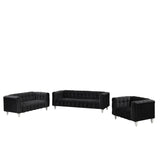 English Elm Modern 3-Piece Sofa Set With Solid Wood Legs, Buttoned Tufted Backrest, Dutch Fleece Upholstered Sofa Set Including Three-Seater Sofa, Double Seat and Living Room Furniture Set Single Chair, Black