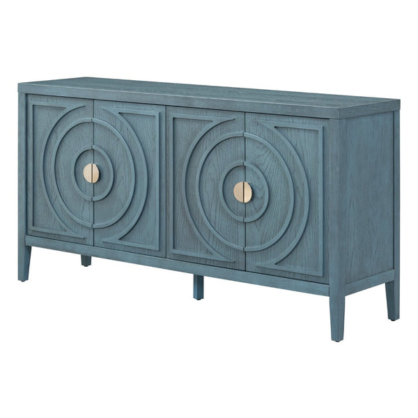 English Elm Trexm Vintage Four Door Sideboard Rubberwood Carved Panels Round Handles Dining Storage Antique Blue WF307723AAM