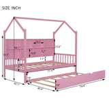 English Elm Wooden Twin Size House Bed With Trundle,Kids Bed With Shelf,Pink