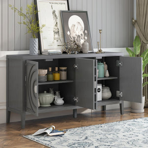 English Elm Trexm Vintage Four Door Sideboard Rubberwood Carved Panels Round Handles Dining Storage Gray WF307723AAE