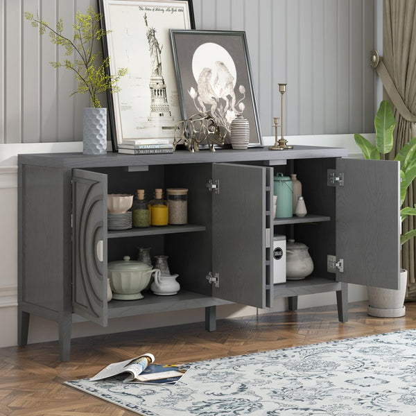 English Elm Trexm Vintage Four Door Sideboard Rubberwood Carved Panels Round Handles Dining Storage Gray WF307723AAE