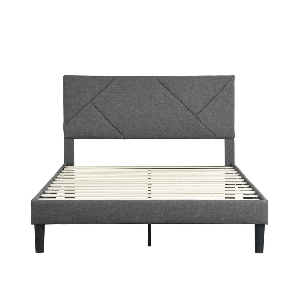 English Elm Queen Upholstered Platform Bed Tailored Grey Fabric Frame with Wood Slat Foundation W311110545